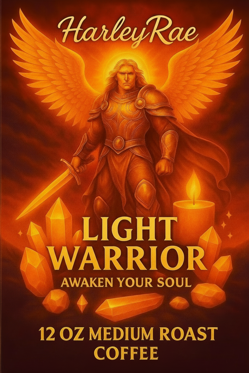 HarleyRae Gourmet Coffee with an angelic warrior design 'Harley Rae Light Warrior'.