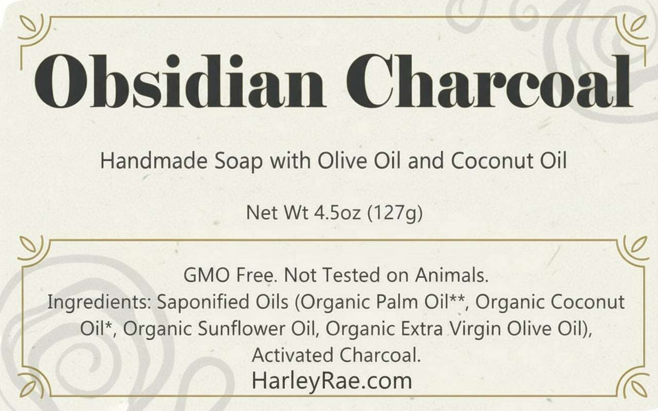 Label for handmade soap with activated charcoal, olive oil, and coconut oil.