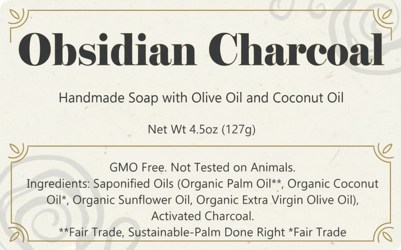 Label for handmade soap with activated charcoal, olive oil, and coconut oil.