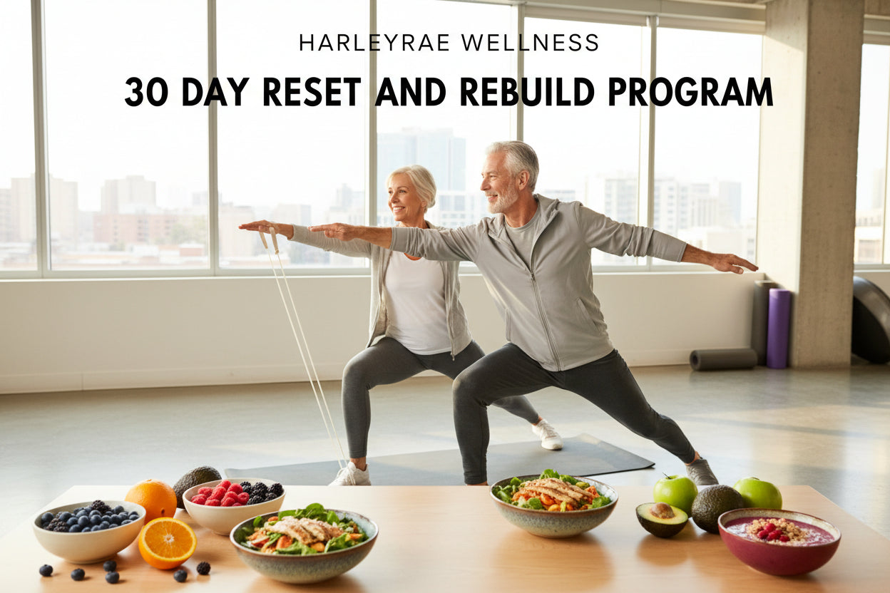 Two people learning balance and gaining strength with HarleyRae Wellness and a table of fruits and vegetables.