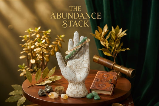 Green Aventurine, Pyrite, and Citrine Bracelets with crystals on a wooden table, surrounded by plants and a book, with text 'The Abundance Stack' and product details.