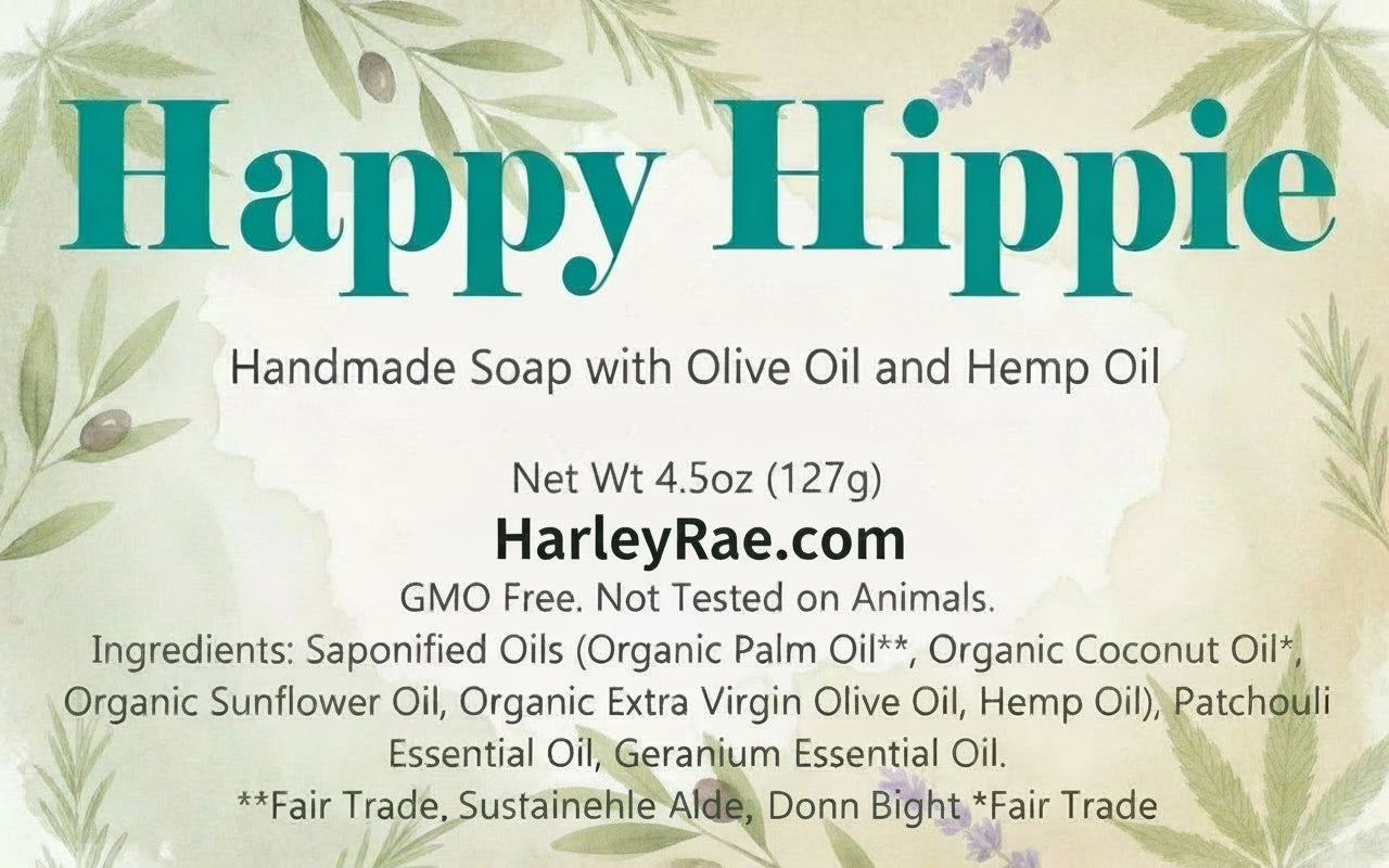 Happy Hippie soap packaging with olive oil and hemp oil ingredients on a light background