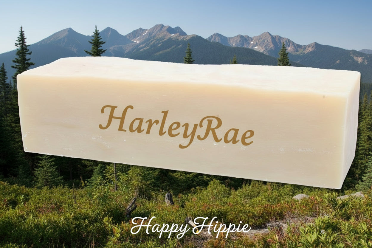 Bar of soap with 'Happy Hippie' branding with HarleyRae and Mountain background