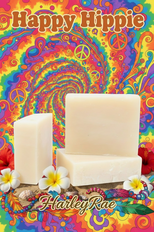 Happy Hippie soap bars on a tie die background