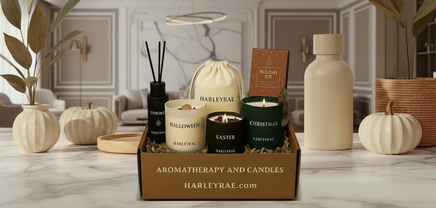 Harley Rae candles and home fragrance items on a table with decorative elements.