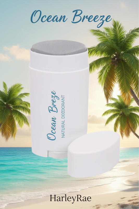 Ocean Breeze Natural ingredients deodorant with palm trees and beach in the background, featuring the brand 'HarleyRae'.